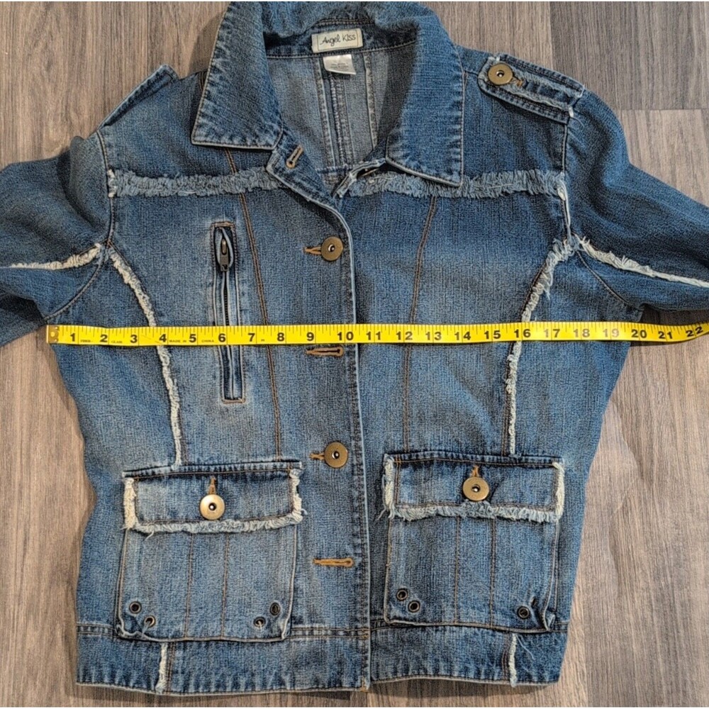 Angel Kiss Women's Blue Frayed Denim Jacket Button Front With Pockets Size XL - Picture 6 of 8